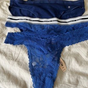 Nwt 3 pair of blue Victoria secret panties. Size medium 2 thong & 1 bikini cut